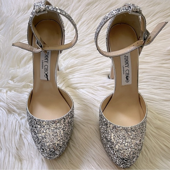 Jimmy Choo Shoes - Jimmy Choo Metallic Silver Glitter Platform Heels